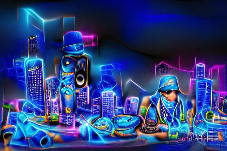 Blue neon light futuristic hip hop city gangsters dj equipment digital illustration 8K 3D 8k resolution graffiti
