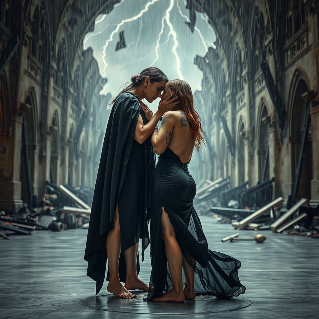 Passionate Kiss in Ruined Cathedral During Storm