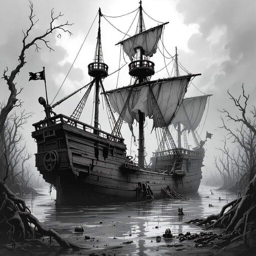 Ruined Pirate Ship in Swamp: Ink Line Art