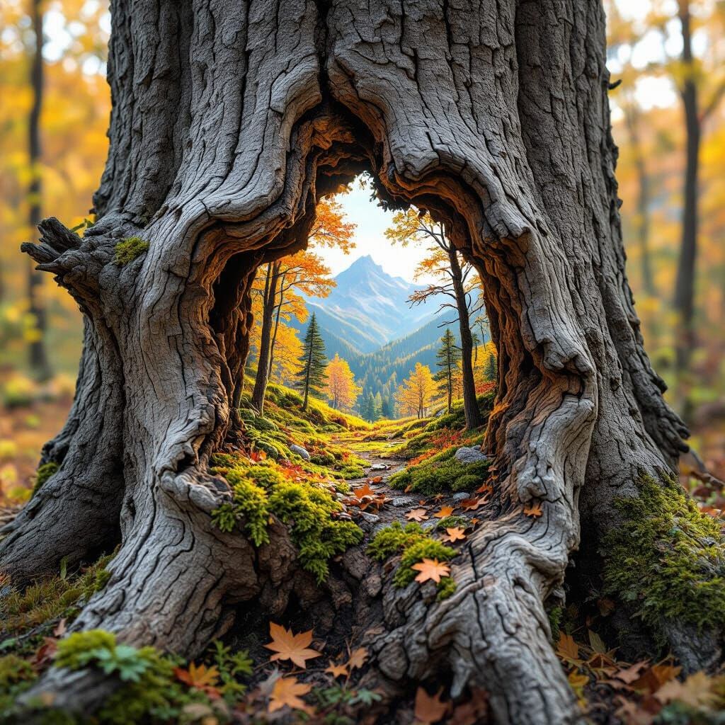 Miniature Autumn Forest Inside Decaying Tree Trunk