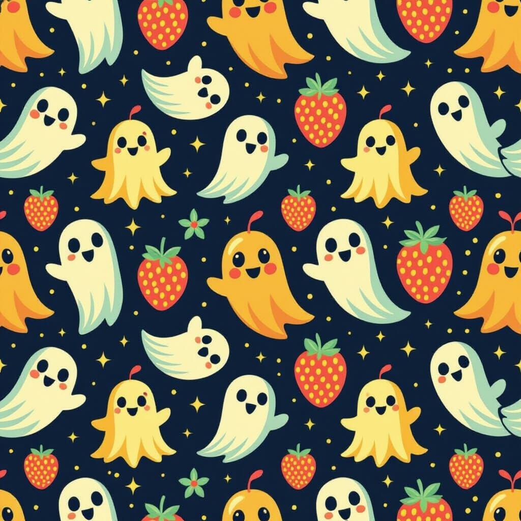 Tiny Fruit Ghosts Repeating Pattern Pop Art Design