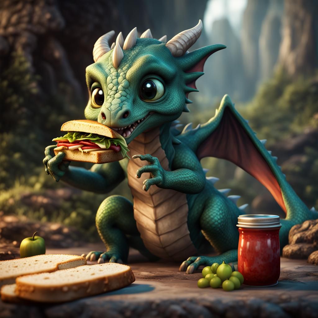 Baby Dragon Eating Sandwich: Detailed Fantasy Art
