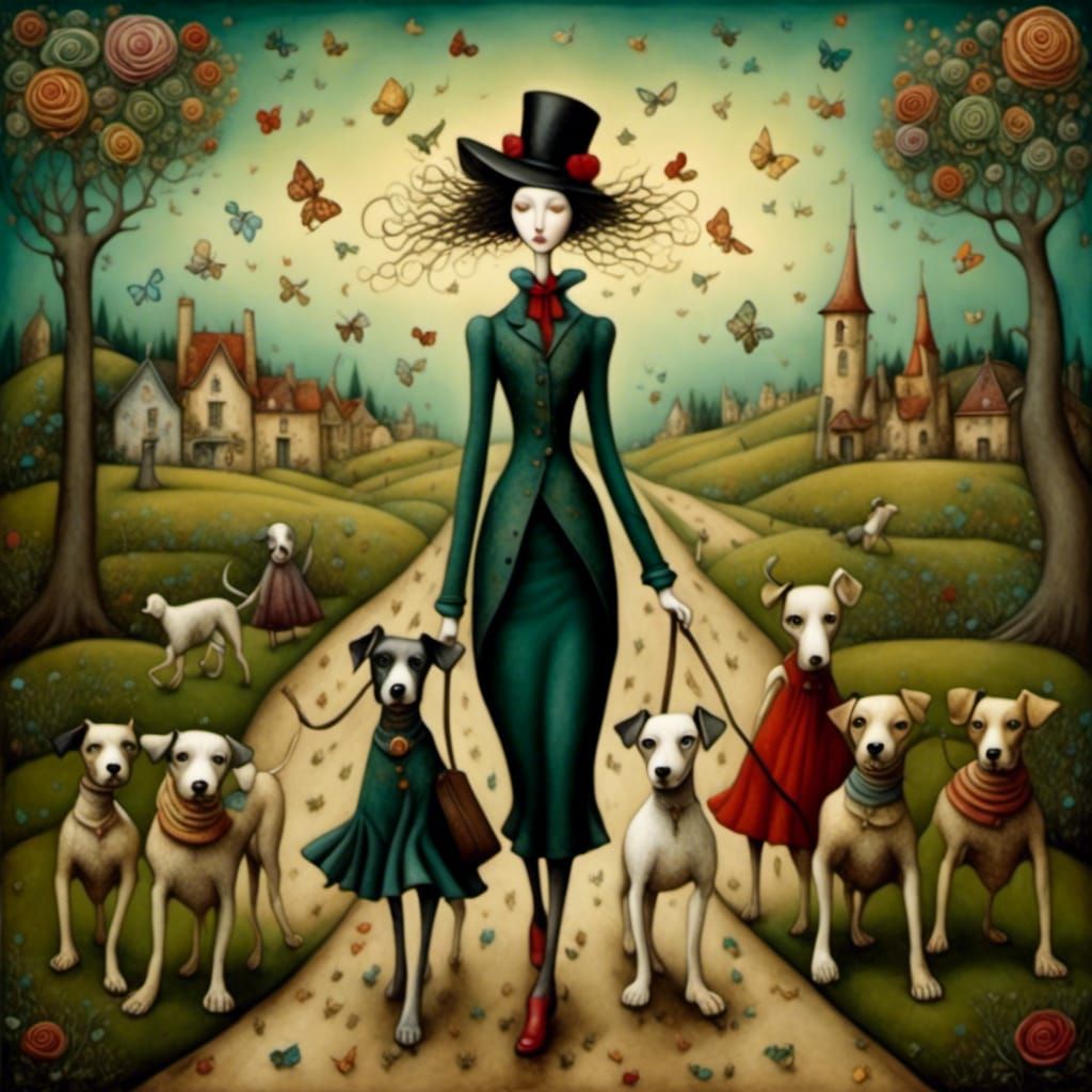 Woman and Dogs on Country Road, Lacombe Style