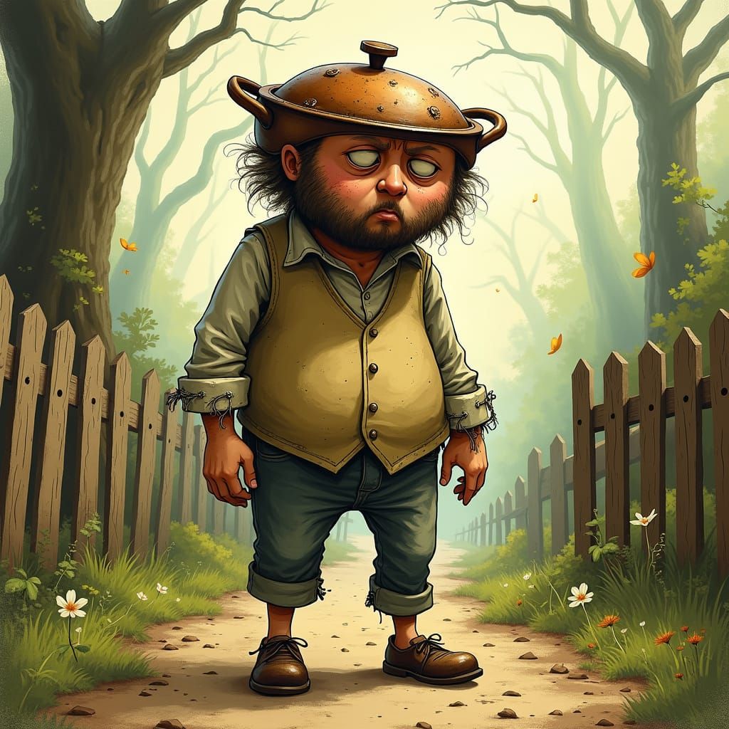 Man with Saucepan Hat in Storybook Illustration