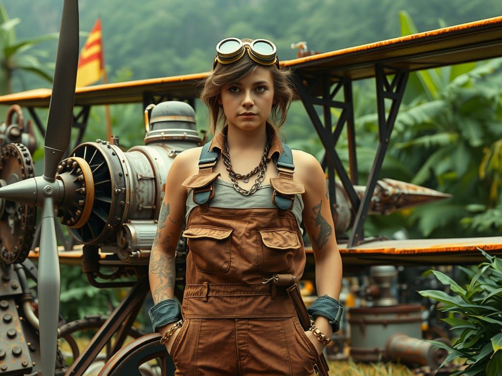Dieselpunk Ornithologist and Her Ornithopter in Jungle
