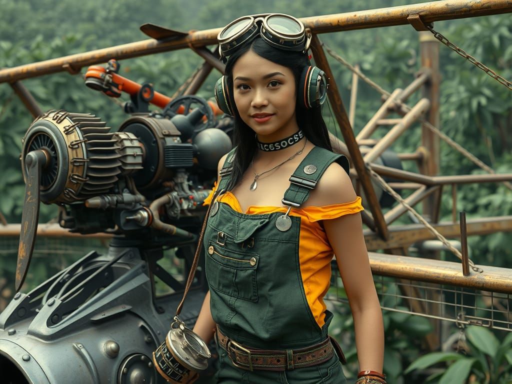 Dieselpunk Ornithologist and Ornithopter in Jungle