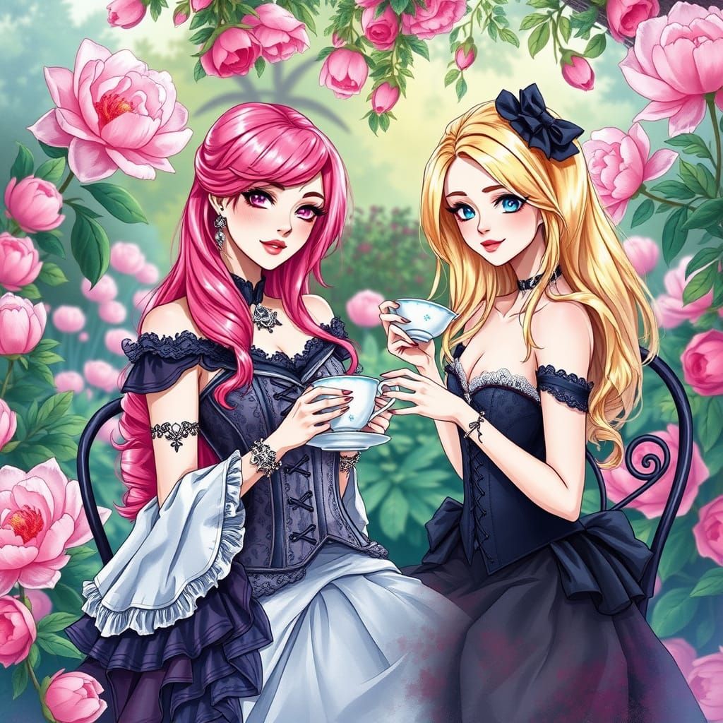 Gothic Ladies Enjoy Tea in Peony Garden