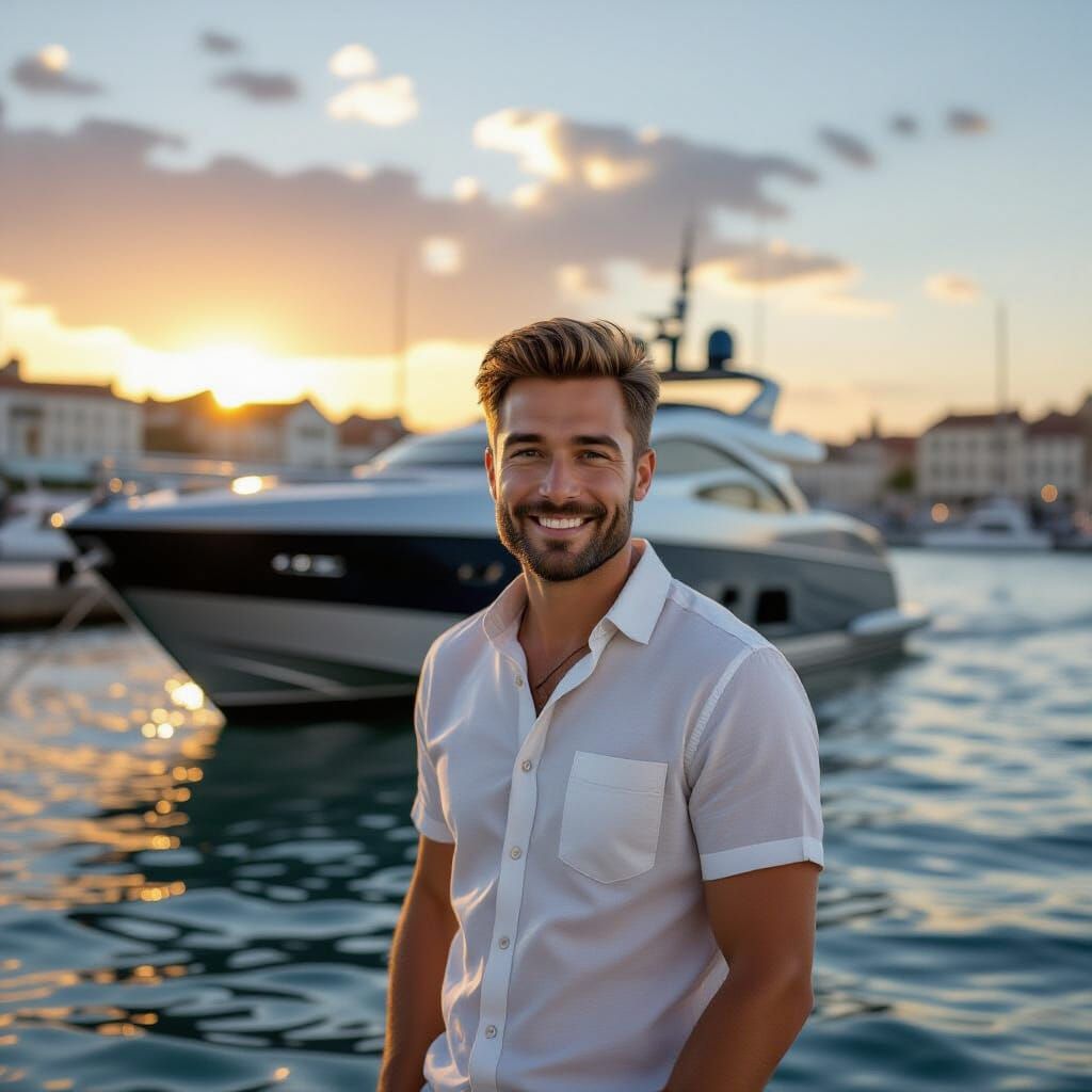 Smiling Man in La Rochelle Harbor with Futuristic Yacht