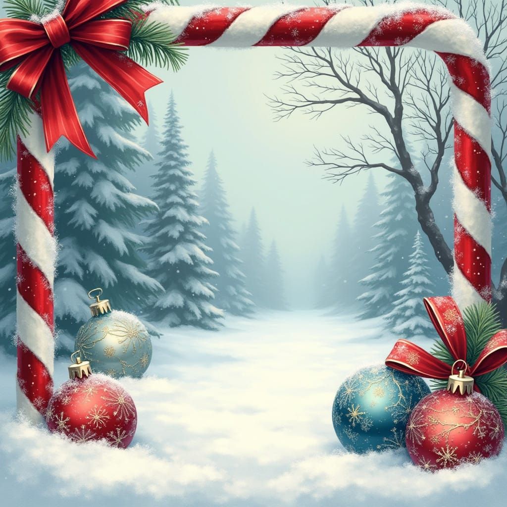 Serene Winter Scene with Candy Cane Border and Christmas Orn...