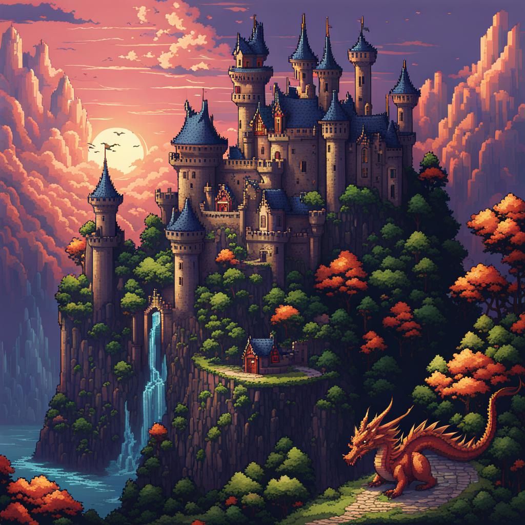 Anime Dragon Sits on Road to Fairytale Castle