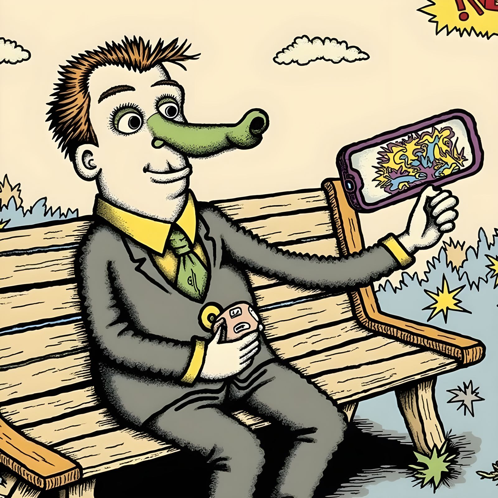 Satirical Cartoon Man Takes a Selfie with a Growing Nose