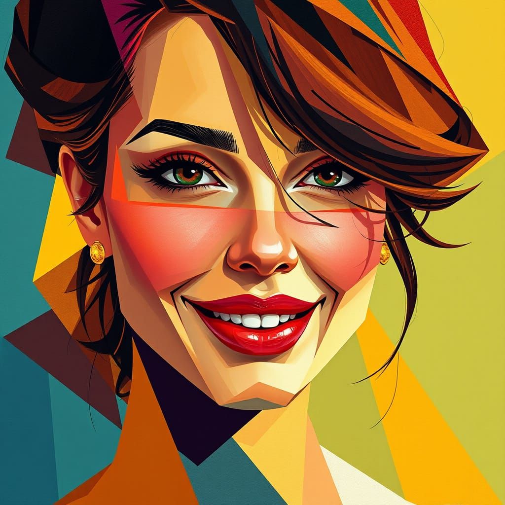 Neo-Cubist Female Portrait with Captivating Smile