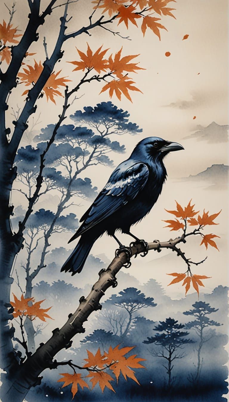 Crow on Branch in Misty Autumn Landscape: Sumi-e Style