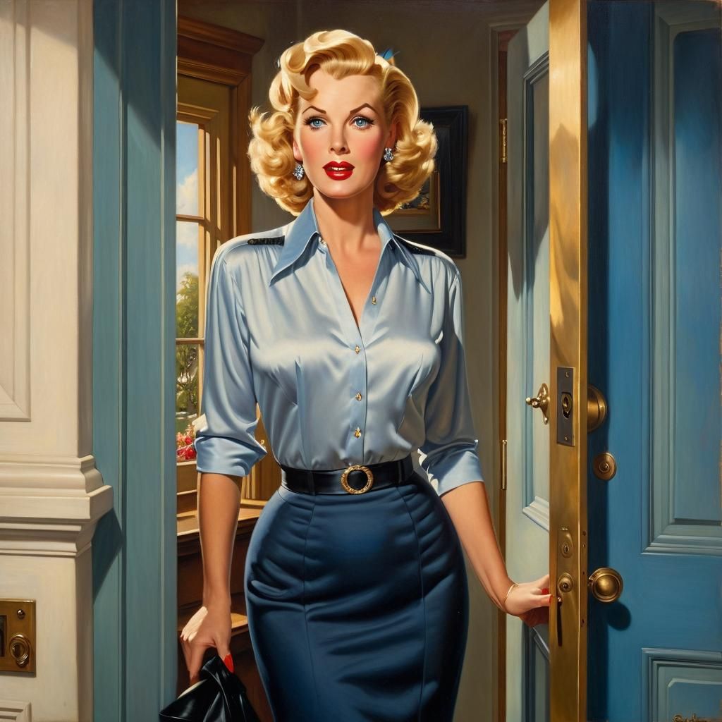 Elegant Woman in Doorway, Gil Elvgren Style Oil Painting