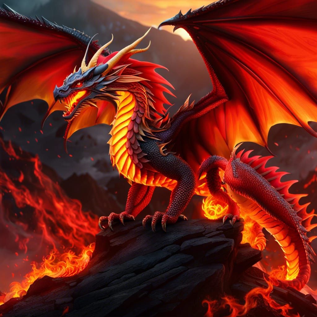 Magnificent Fire Dragon in Volcanic Landscape