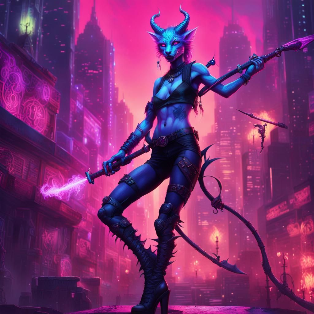 Cyberpunk Tiefling Kitsune Pole Dancer Concept Art
