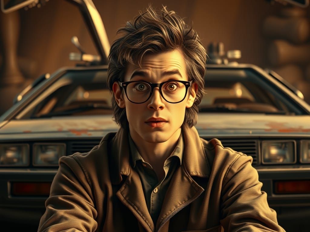 Sepia Portrait: Surprised Scientist in DeLorean Car