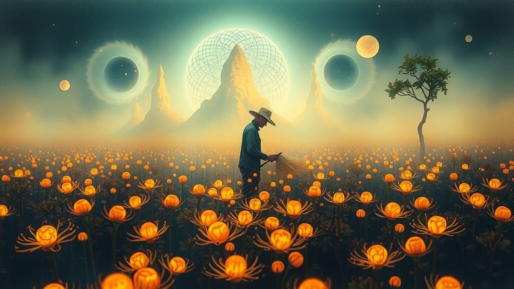 Alien Farmer with Glowing Crops in Misty Field