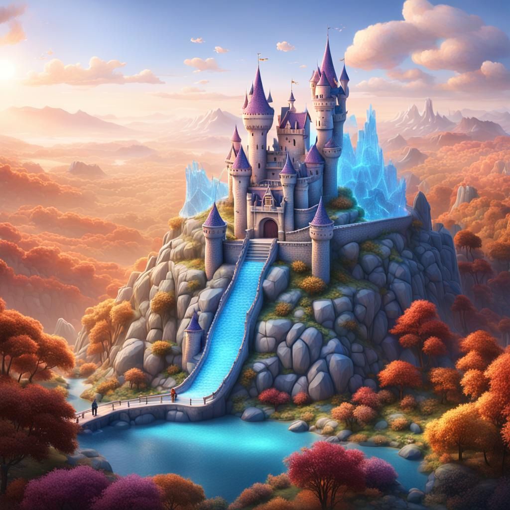 Crystal Castle on Frozen Mountain with Dragons