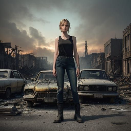 Spring Goddess Amidst Urban Ruins in Hyperrealistic Detail