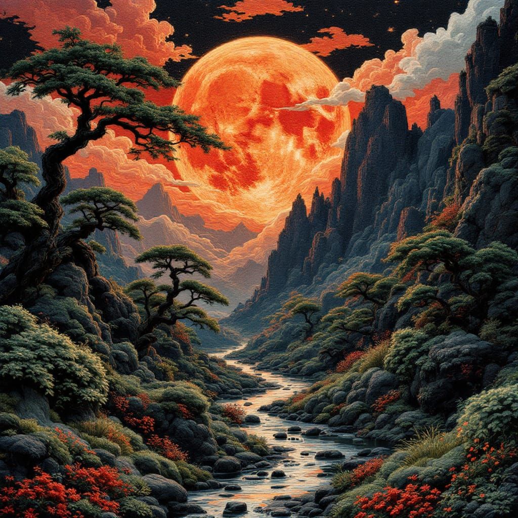 Stunning ninja background is epic landscape, moon sewn, embr...