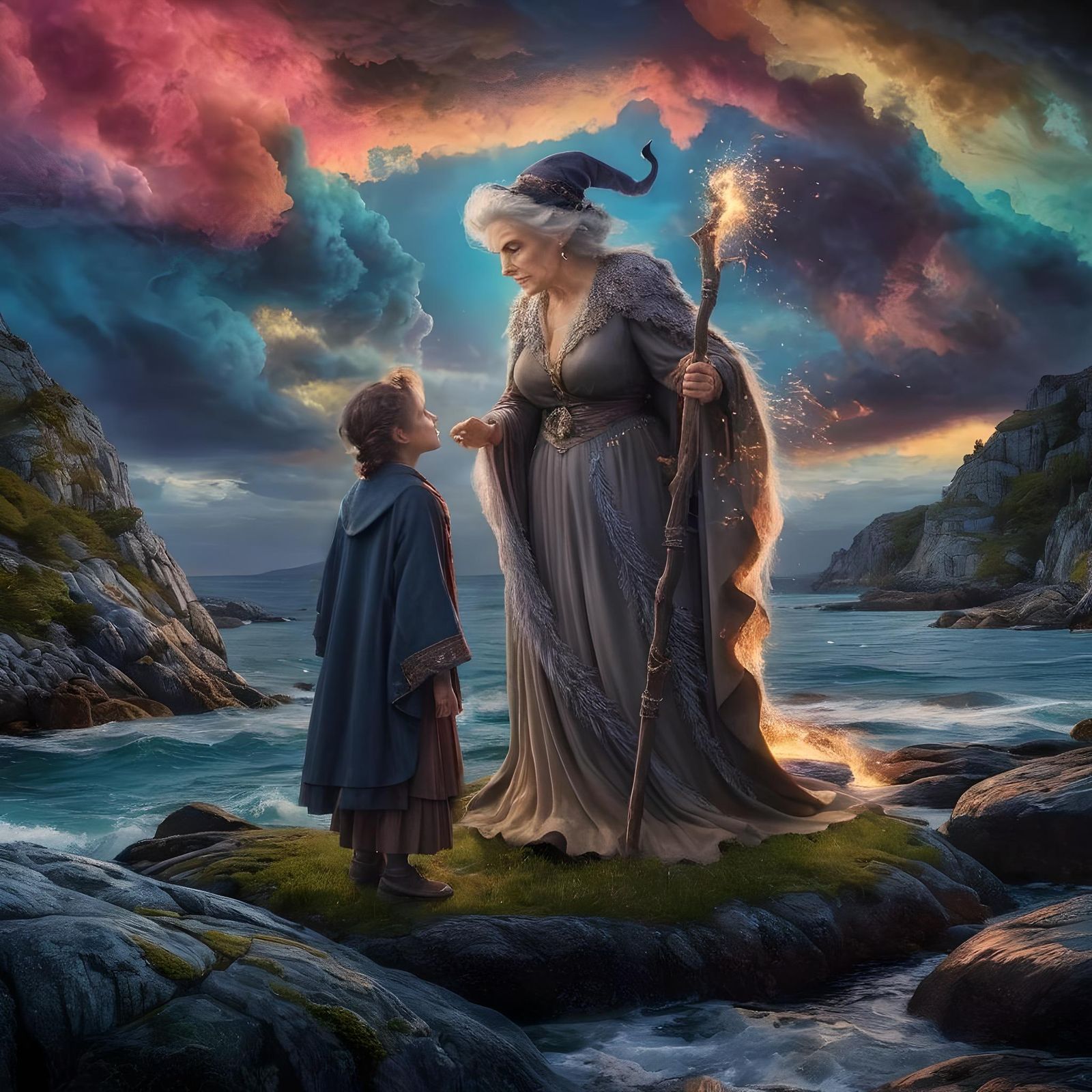 Dramatic Witch and Apprentice Making Magic