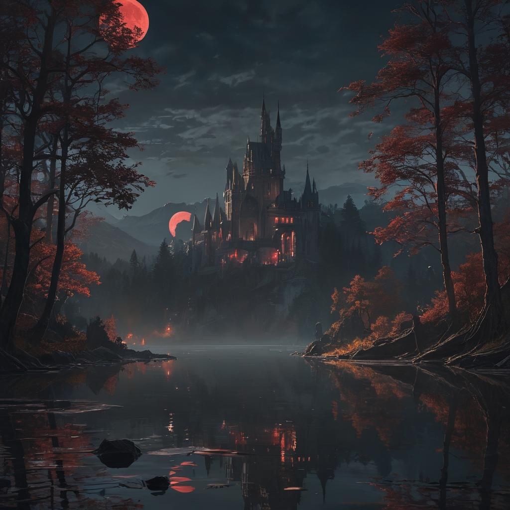 Blood Moon Over Lake: Dark Fantasy Art Nouveau