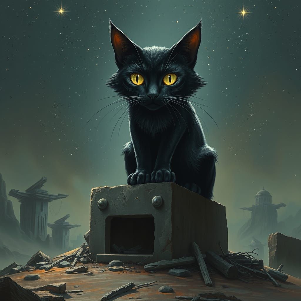 Obsidian Cat on Ancient Altar Under Cosmic Sky