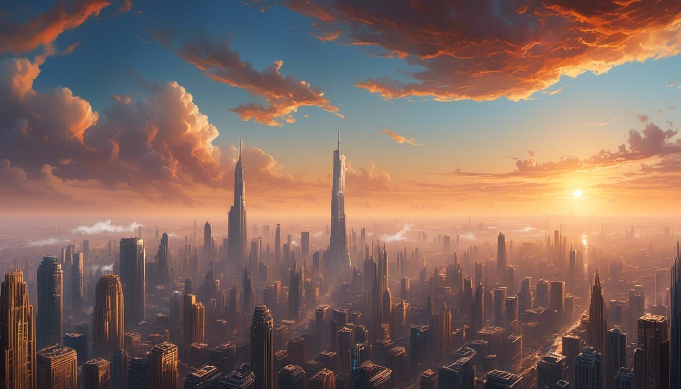 Golden Hour Cityscape in Watercolor Style