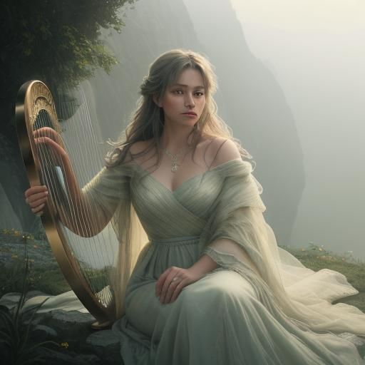Ethereal Harpist on Misty Mountain in Golden Light