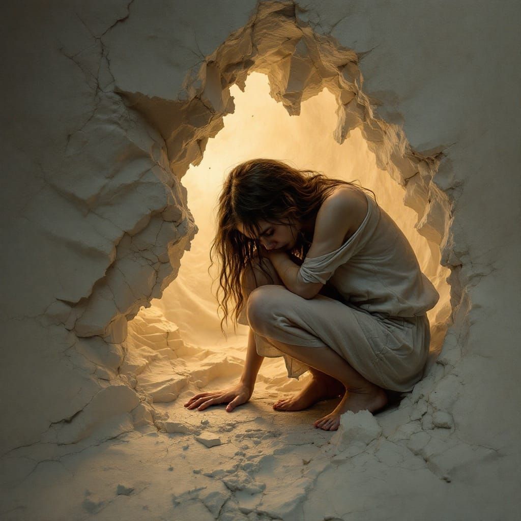 Girl Emerging from Textured Portal in Dreamlike Metamorphosi...