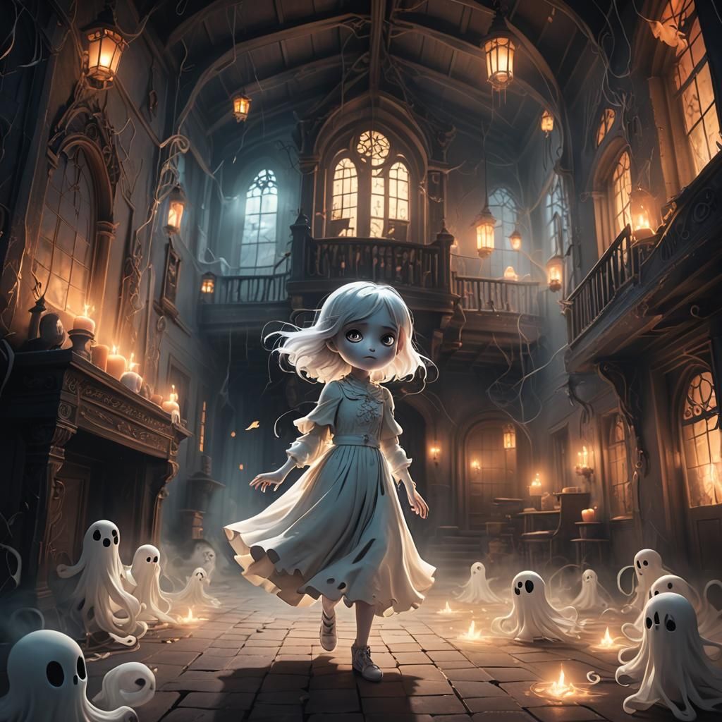 Chibi Ghost Girl in Haunted House Digital Painting