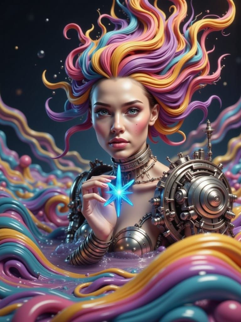 Goddess Emerges from Colorful Sea with Mechanical Hand