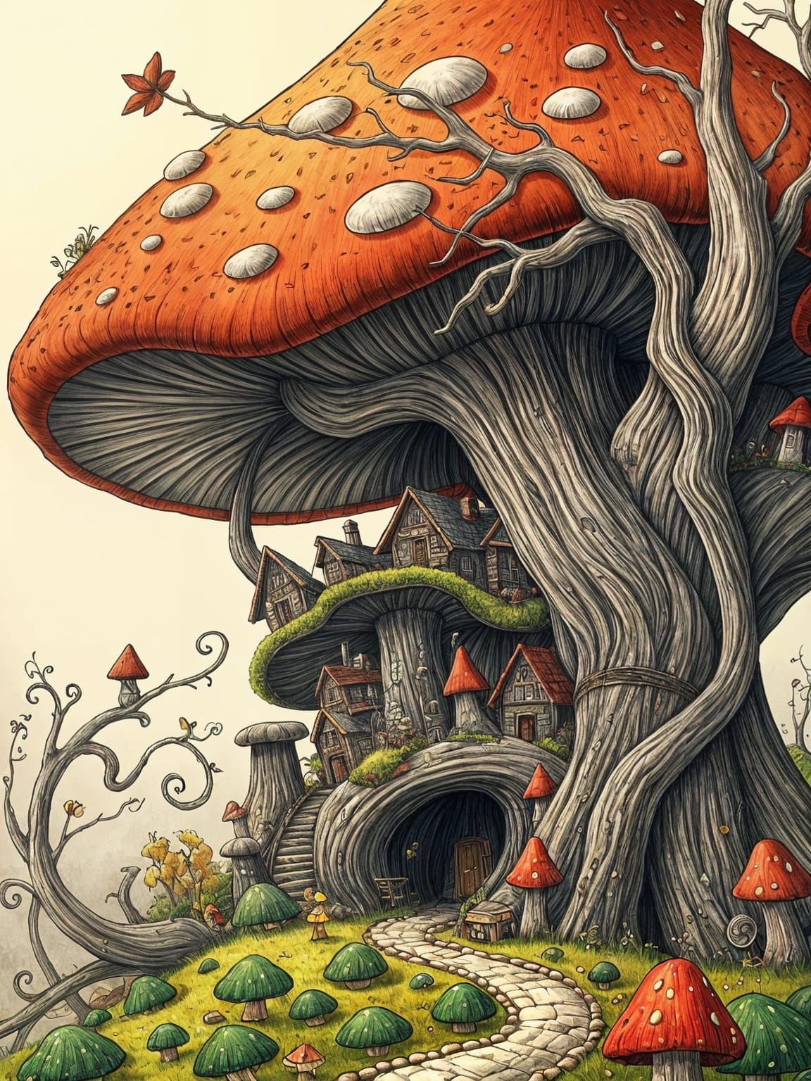 Doodle Village on a Mushroom, Sketch Art