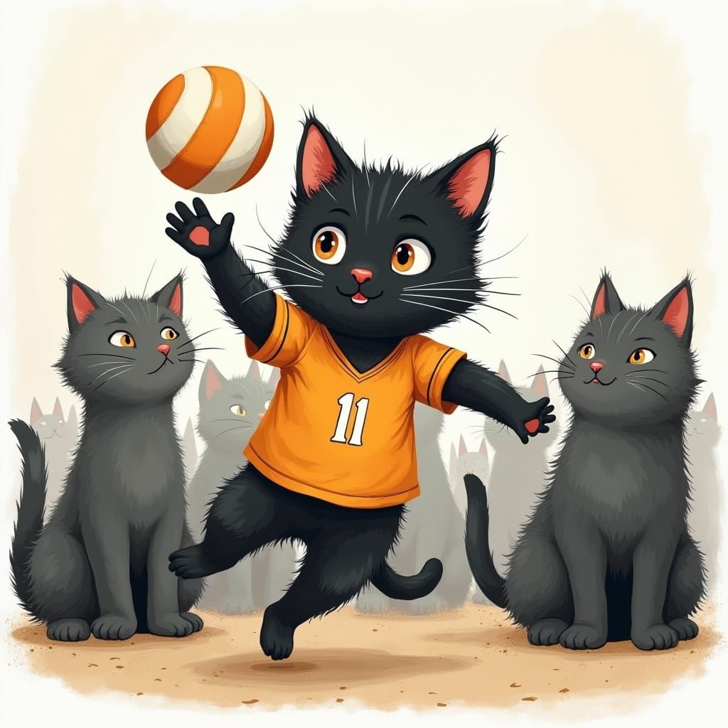 Kitten Volleyball Game in Whimsical Illustration Style