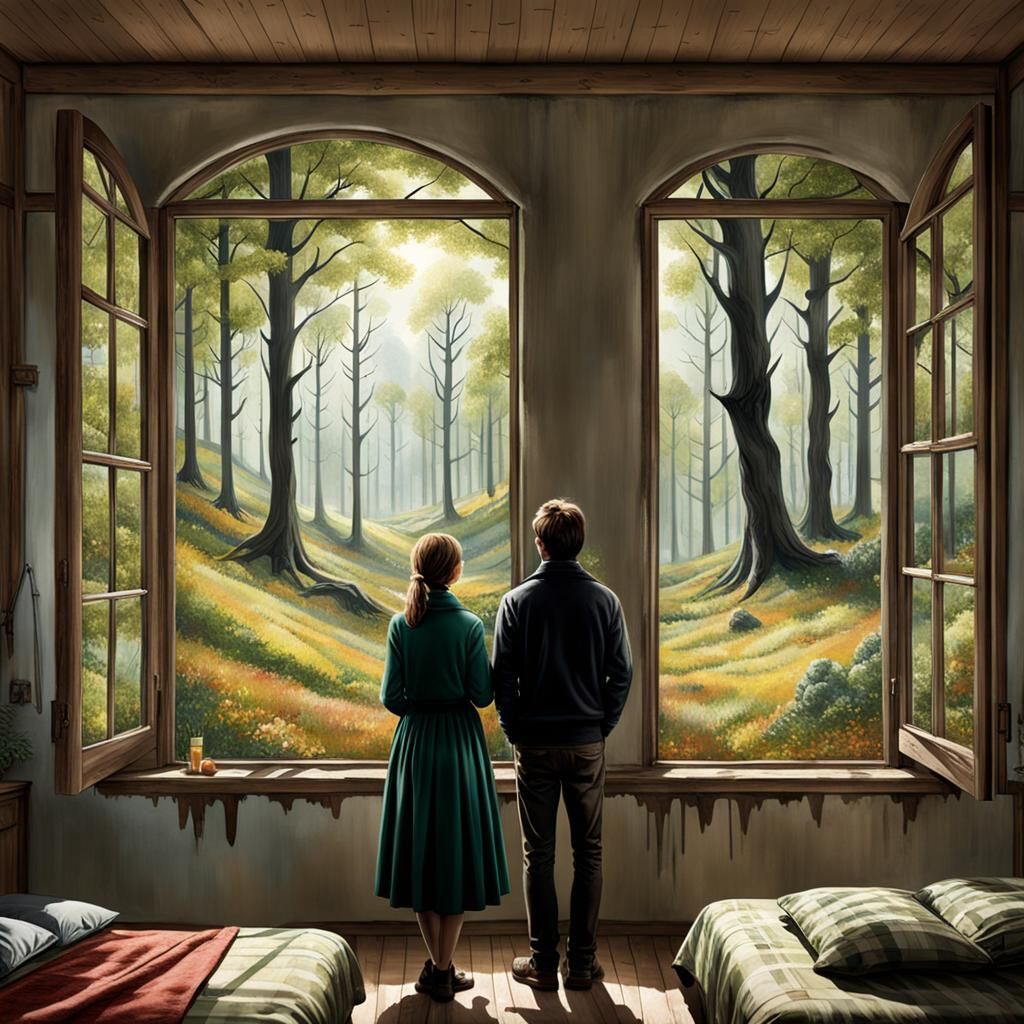 Hyperrealistic Couple Gazing at Forest Through Window