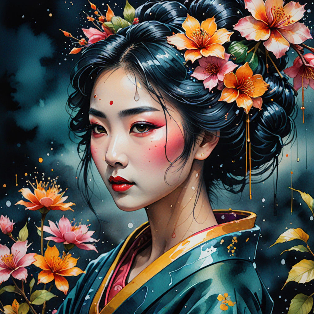 Vibrant Geisha Portrait in Post-Impressionist Watercolor