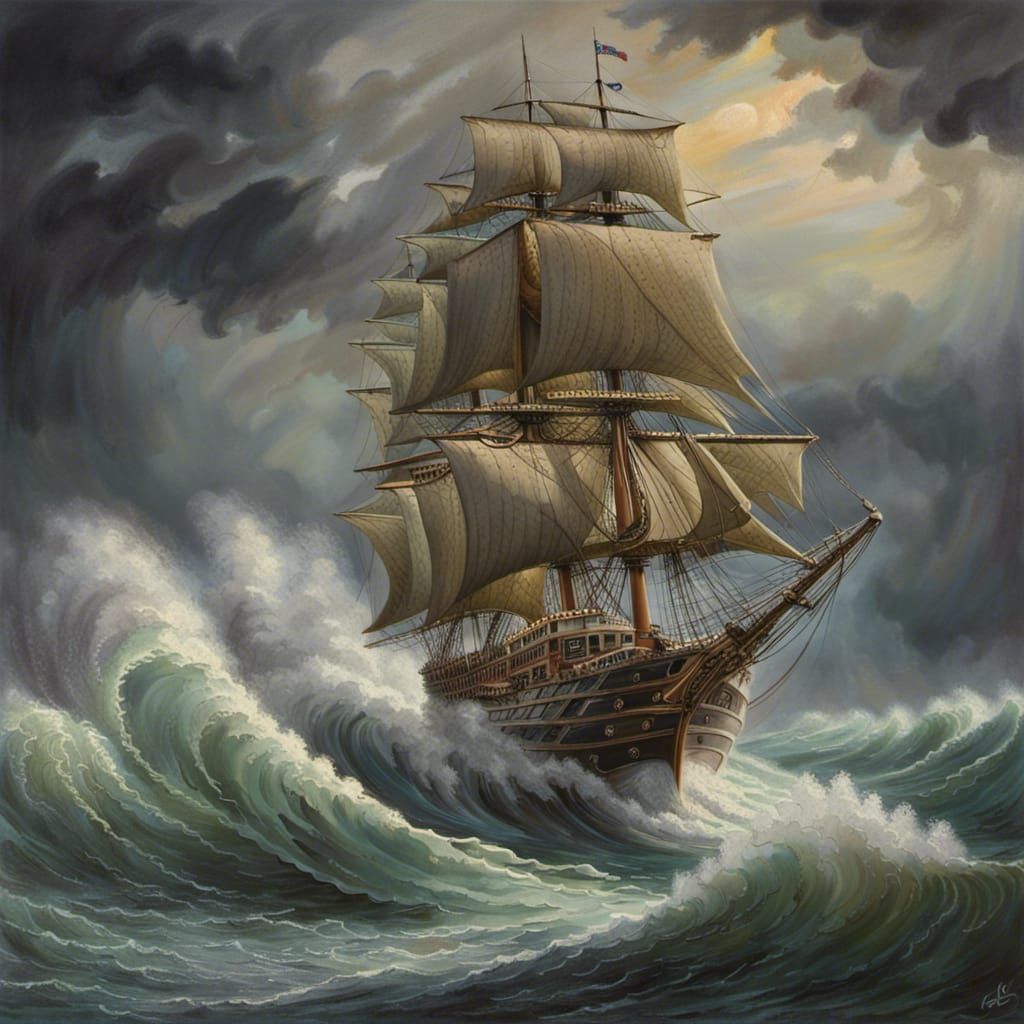 Brig Ship Riding the Waves