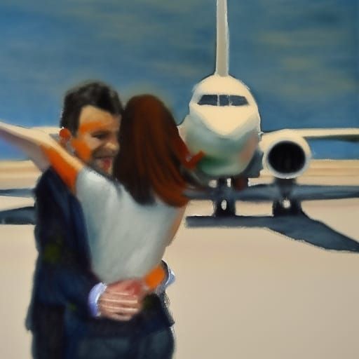 A couple embraces everyone with two arms, in an airport, reu...