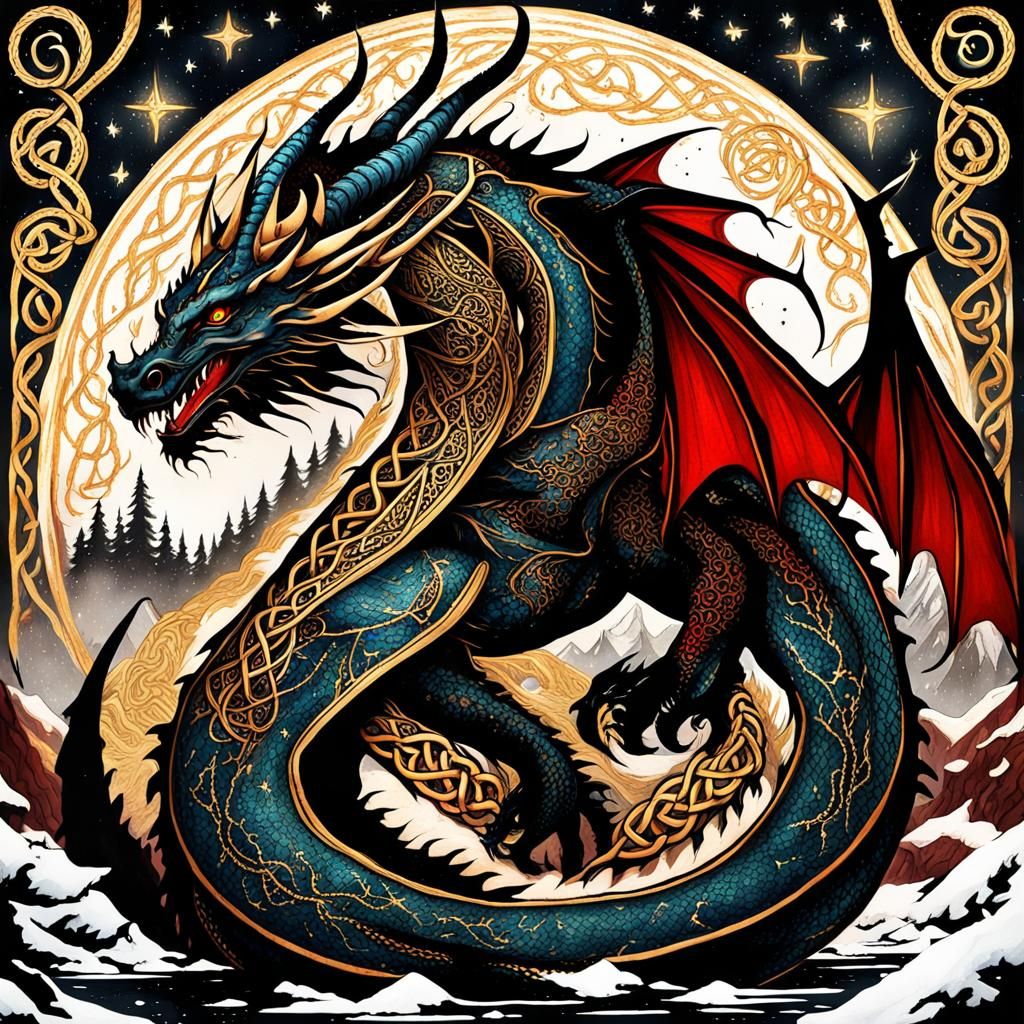 Celtic Dragon in Gothic Watercolor Landscape