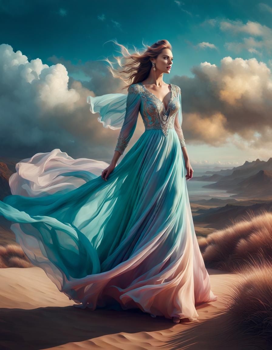 Woman in Romantic Dress in Pastel Colors