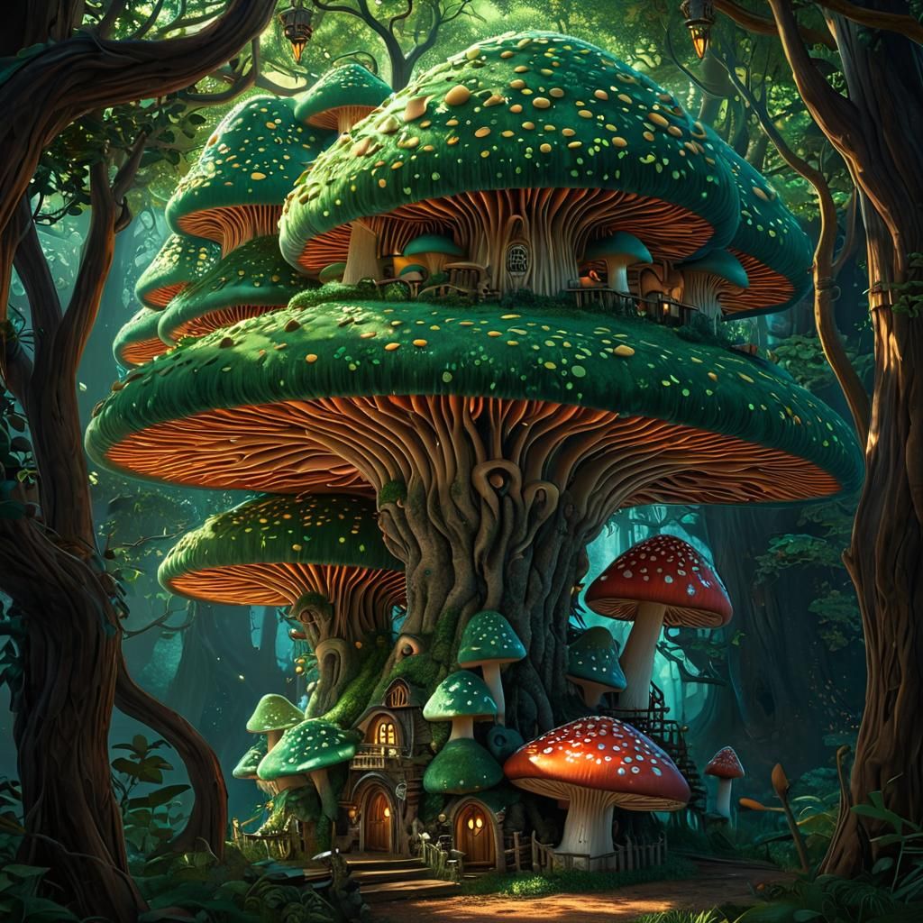 Fantastical Mushroom Treehouse in Elegant Photoillustration