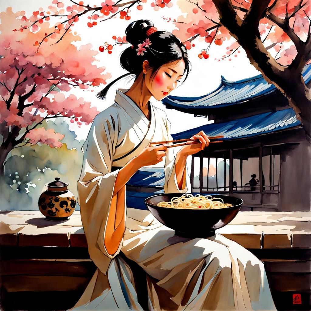 Wuxia Princess Eating Ramen in Watercolour Style