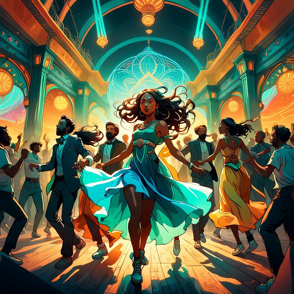 People Dancing to Moombahton in Art Nouveau Style