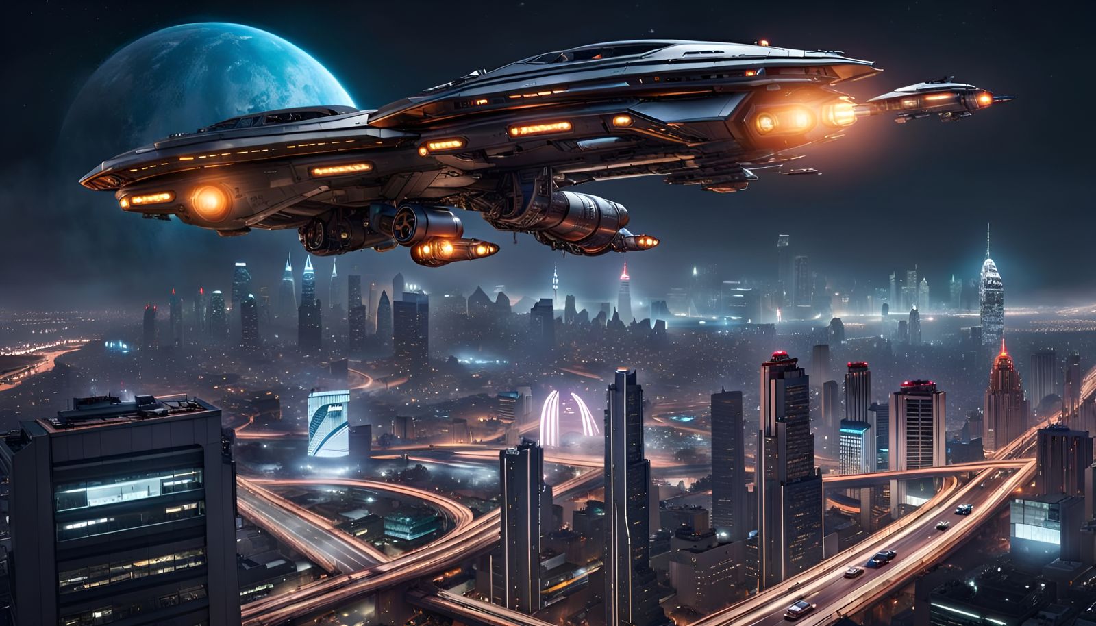 Cyberpunk Spaceships Over Newark, New Jersey