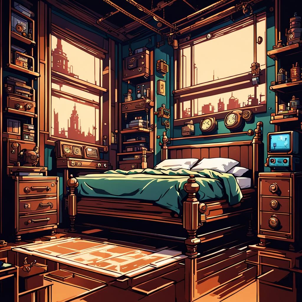 8-Bit Steampunk Bedroom in Anime Style