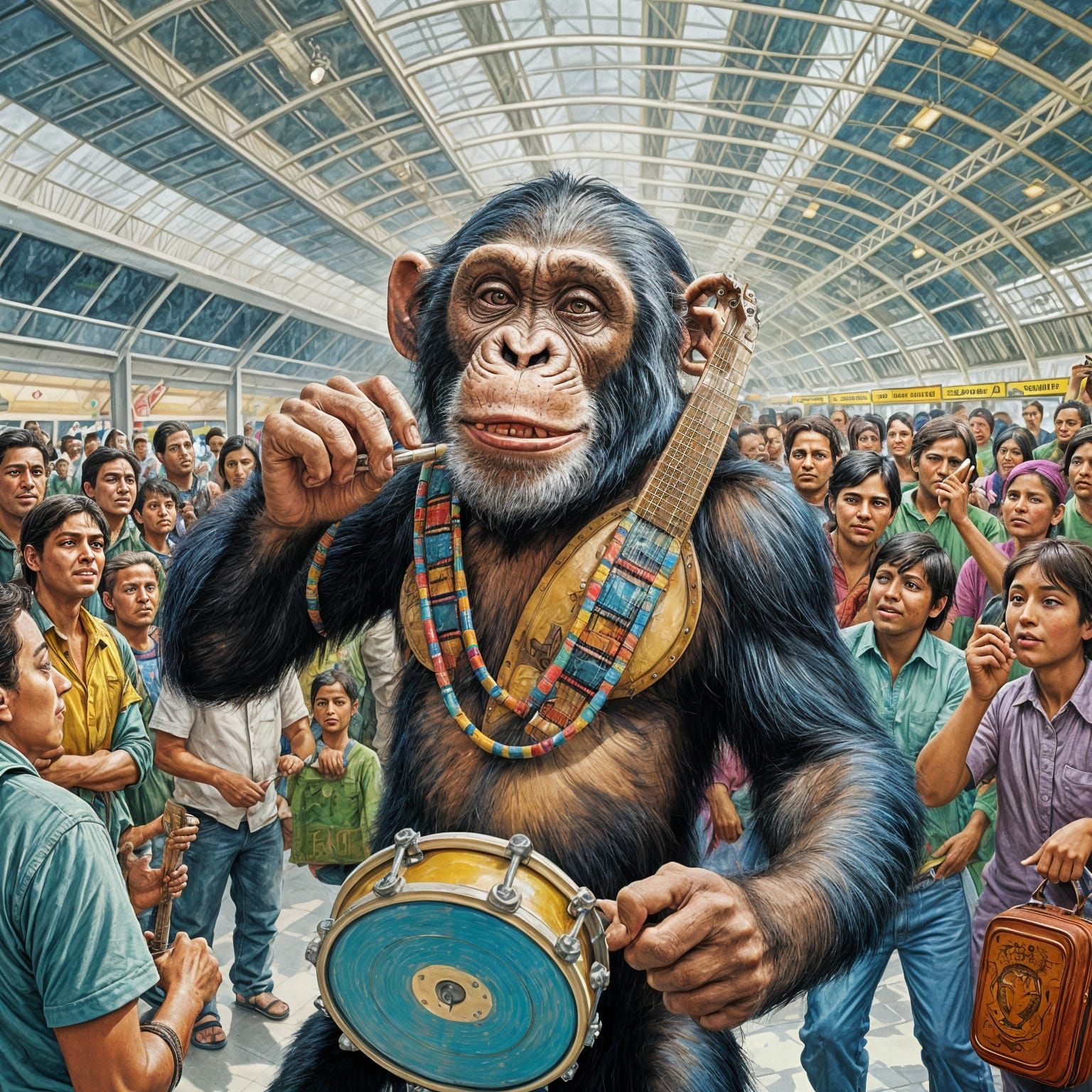 Chimpanzee Hari Krishna in Vibrant Airport Scene, Gouache St...