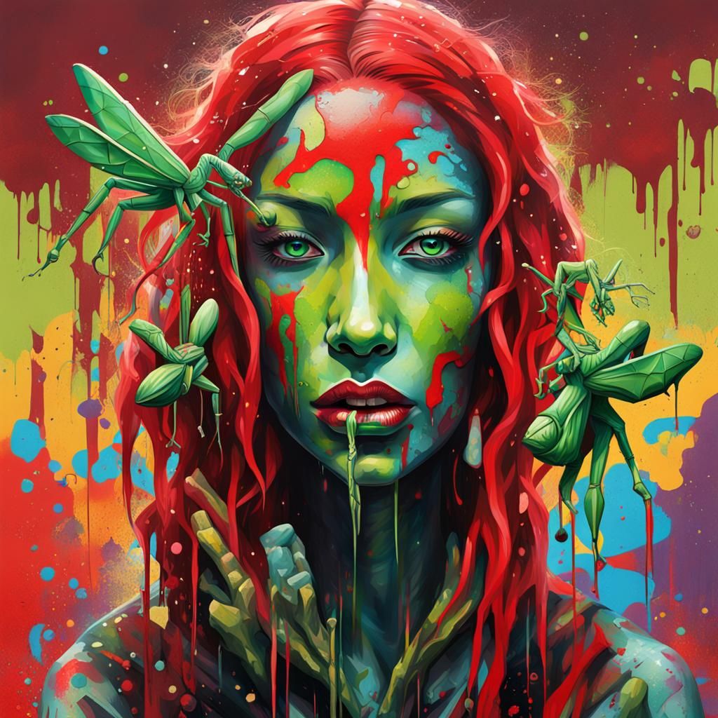 Praying Mantis Woman Hybrid in Graffiti Art