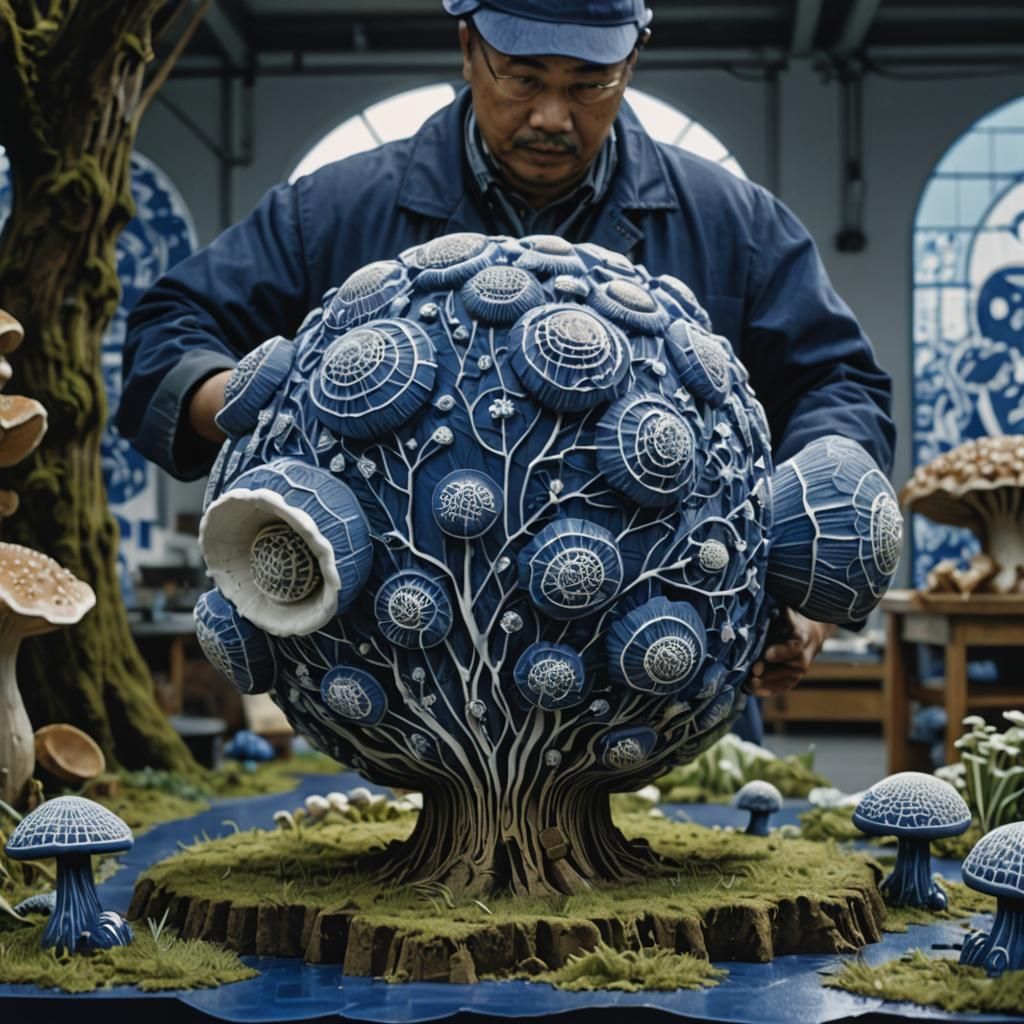 Indonesian Sculptors Tend Giant Mushrooms: Linocut Print