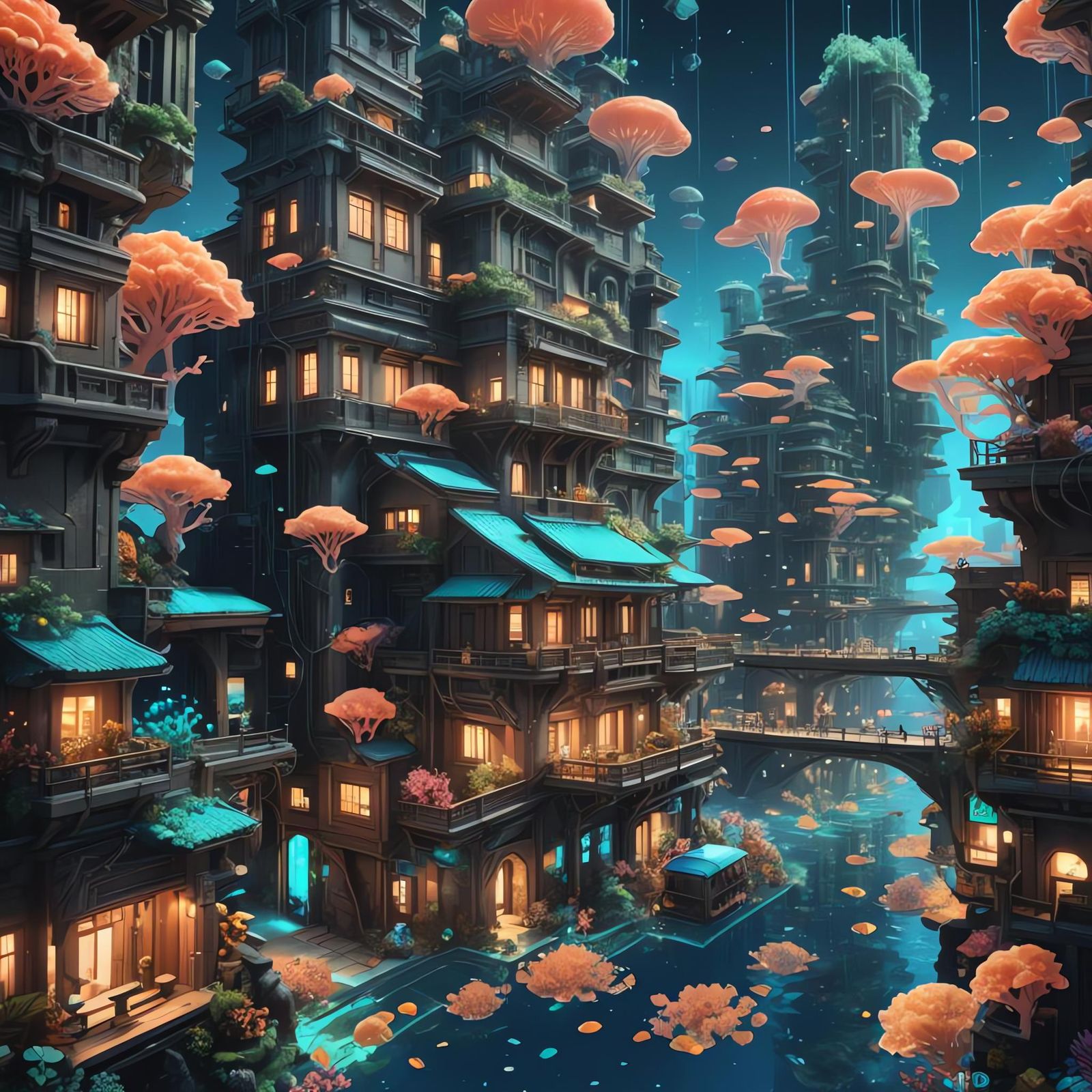 Bioluminescent Coral City in 3D Anime Style